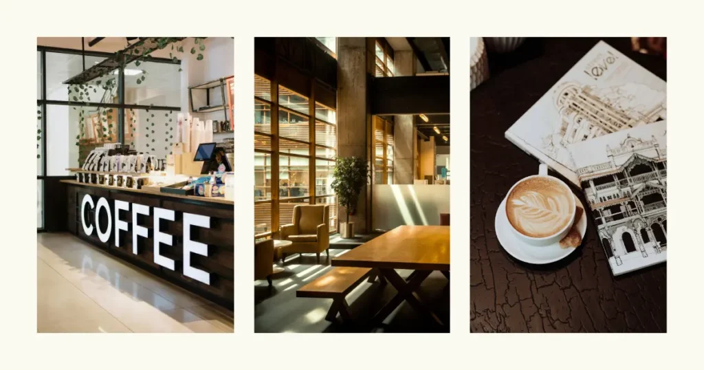 カフェの店内やカウンター、ラテの写真を並べたコラージュ