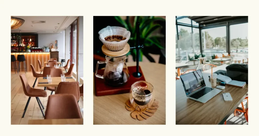 カフェでの過ごし方をイメージした3枚の写真（店内、ドリップコーヒー、作業スペース）