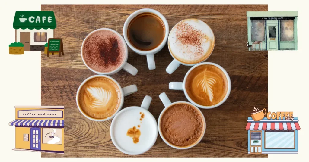 さまざまな種類のカフェをイメージした複数のコーヒーと店舗イラスト