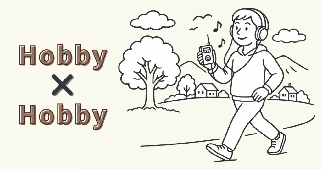 音楽を聴きながらウォーキングを楽しむ様子を描いたイラスト