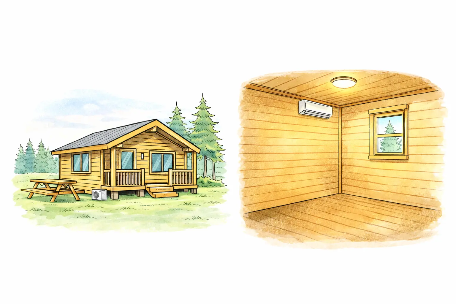 キャビン・バンガローの外観とシンプルな室内のイメージ