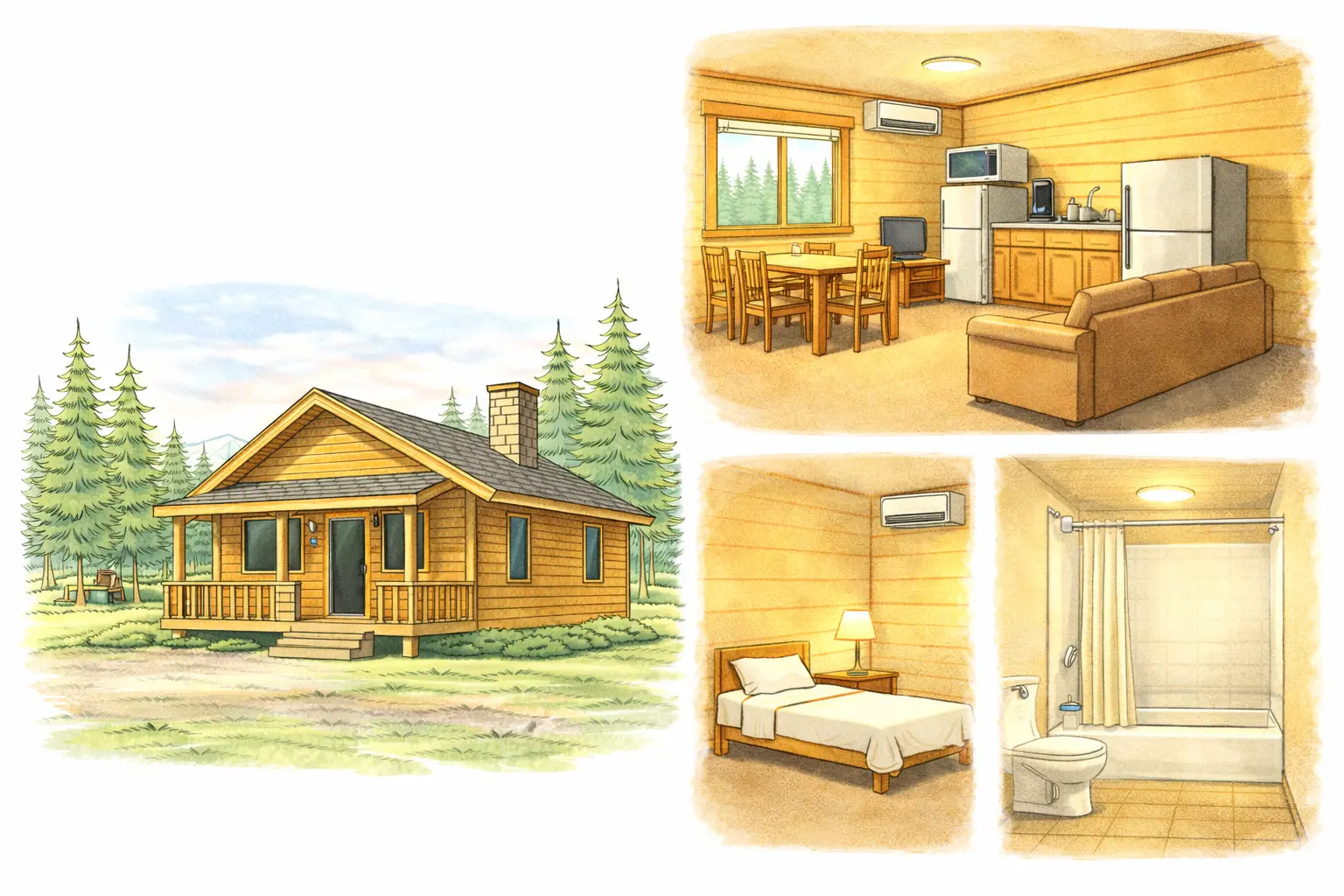 キャンプ場コテージの外観と室内設備のイメージ