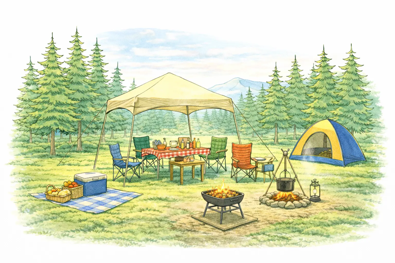 タープとテーブルで過ごすデイキャンプのイメージ