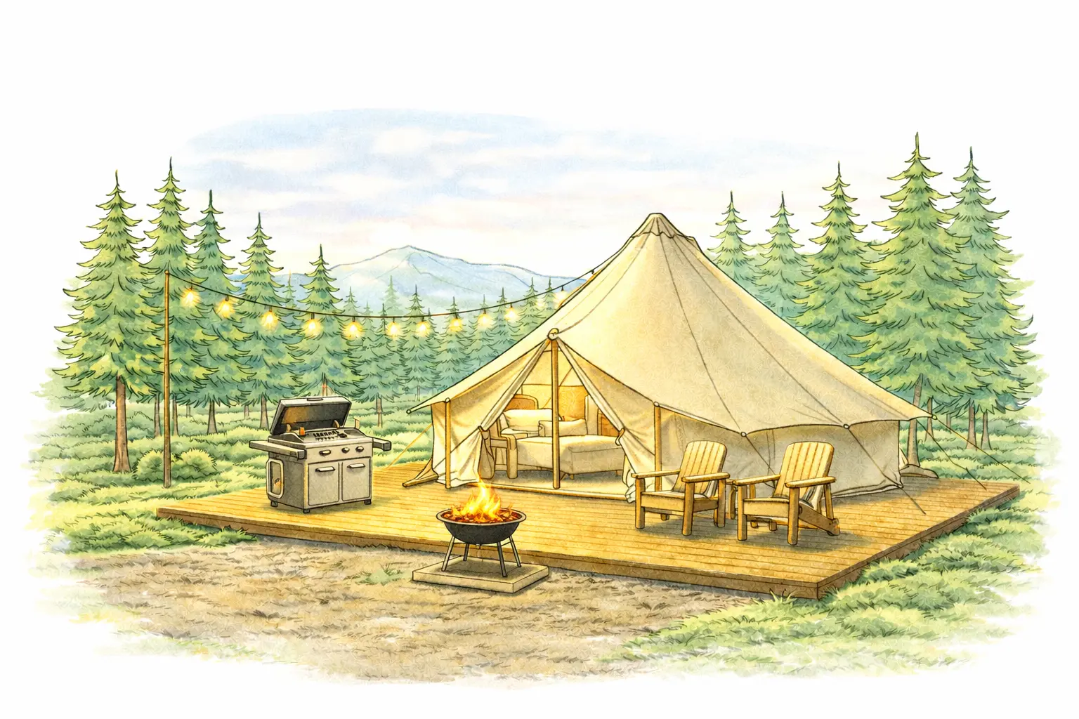 グランピング施設のテント外観とBBQ設備のイメージ