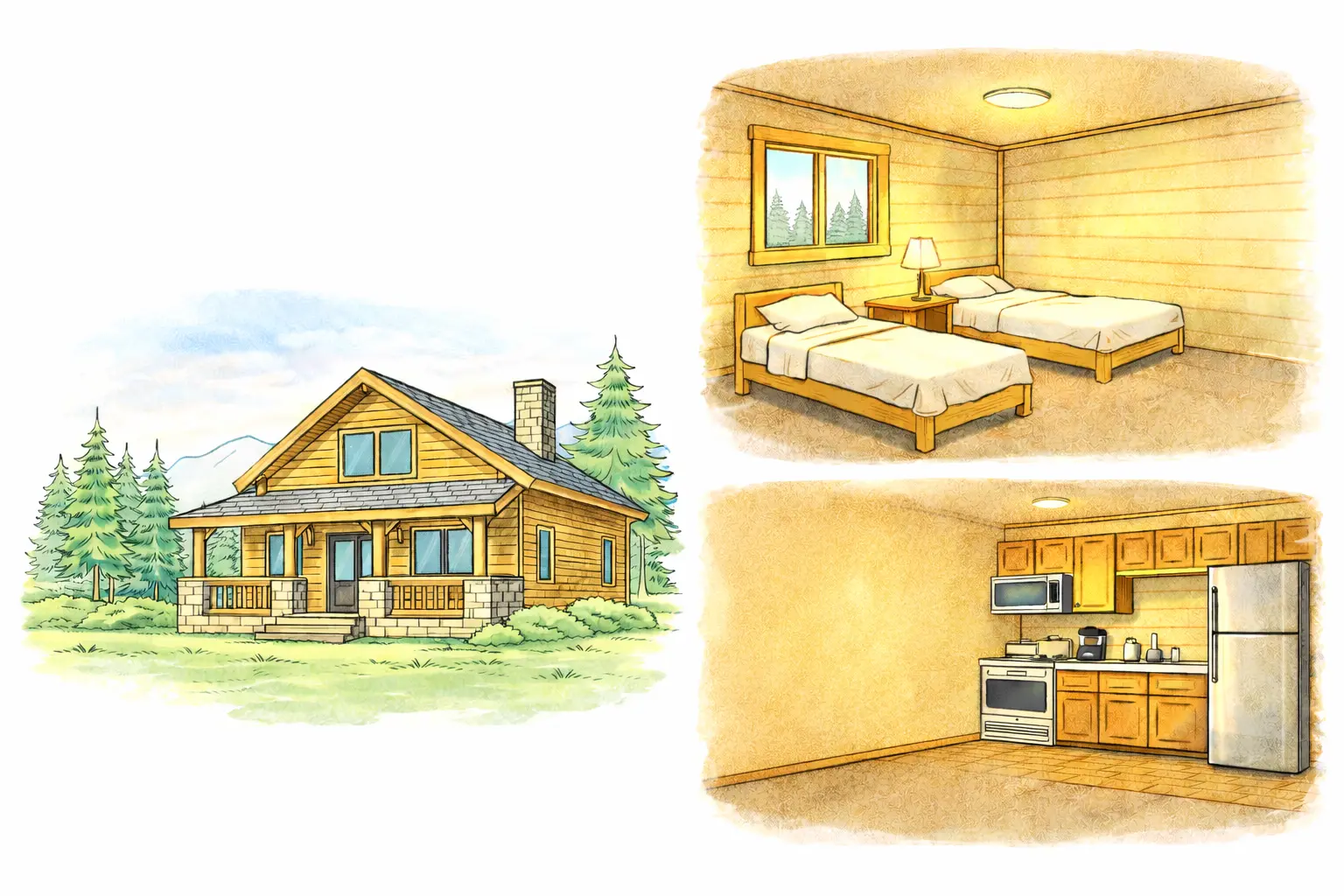 ロッジの外観とキッチン・寝室のイメージ