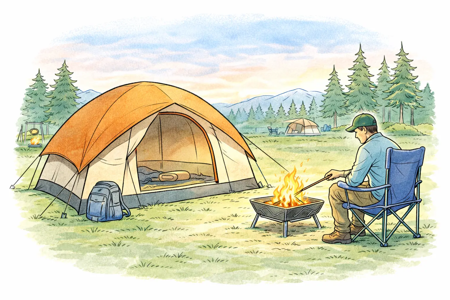 テントと焚き火台のあるテント泊キャンプのイメージ