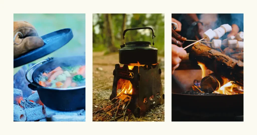 焚き火台で料理をする鍋、ケトルを載せたストーブ、マシュマロを焼く様子の3分割写真