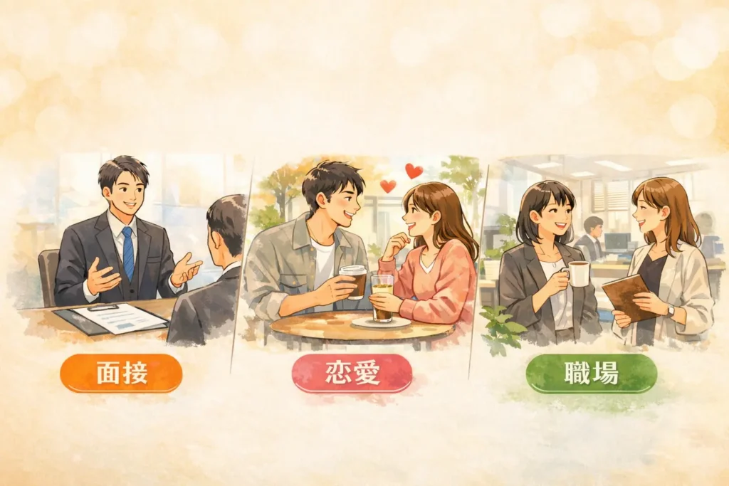 面接、恋愛、職場の3つのシーンで会話する男女を描いたイラスト