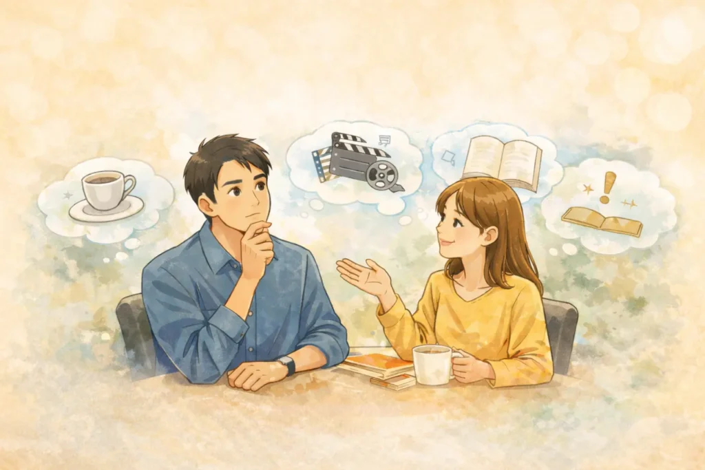 カフェで男女が趣味について話し合い、コーヒーや映画、本のアイコンが浮かんでいるイラスト