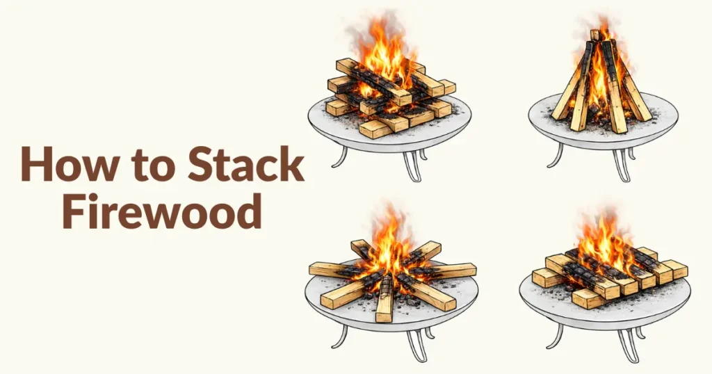 焚き火台の上で井桁型や合掌型など複数の薪の組み方を示したイラスト